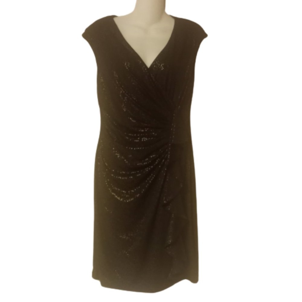 Black Label by Evan Picone Faux Wrap Dress with Sparkly Print size 10 EUC